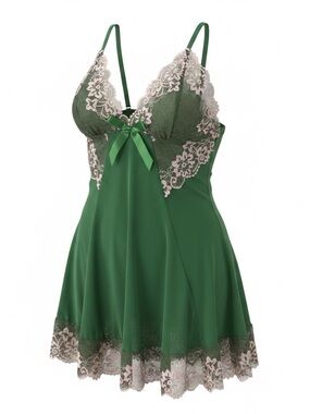 Avidlove Green Lace-Trim Satin Chemise with Contrast Lace